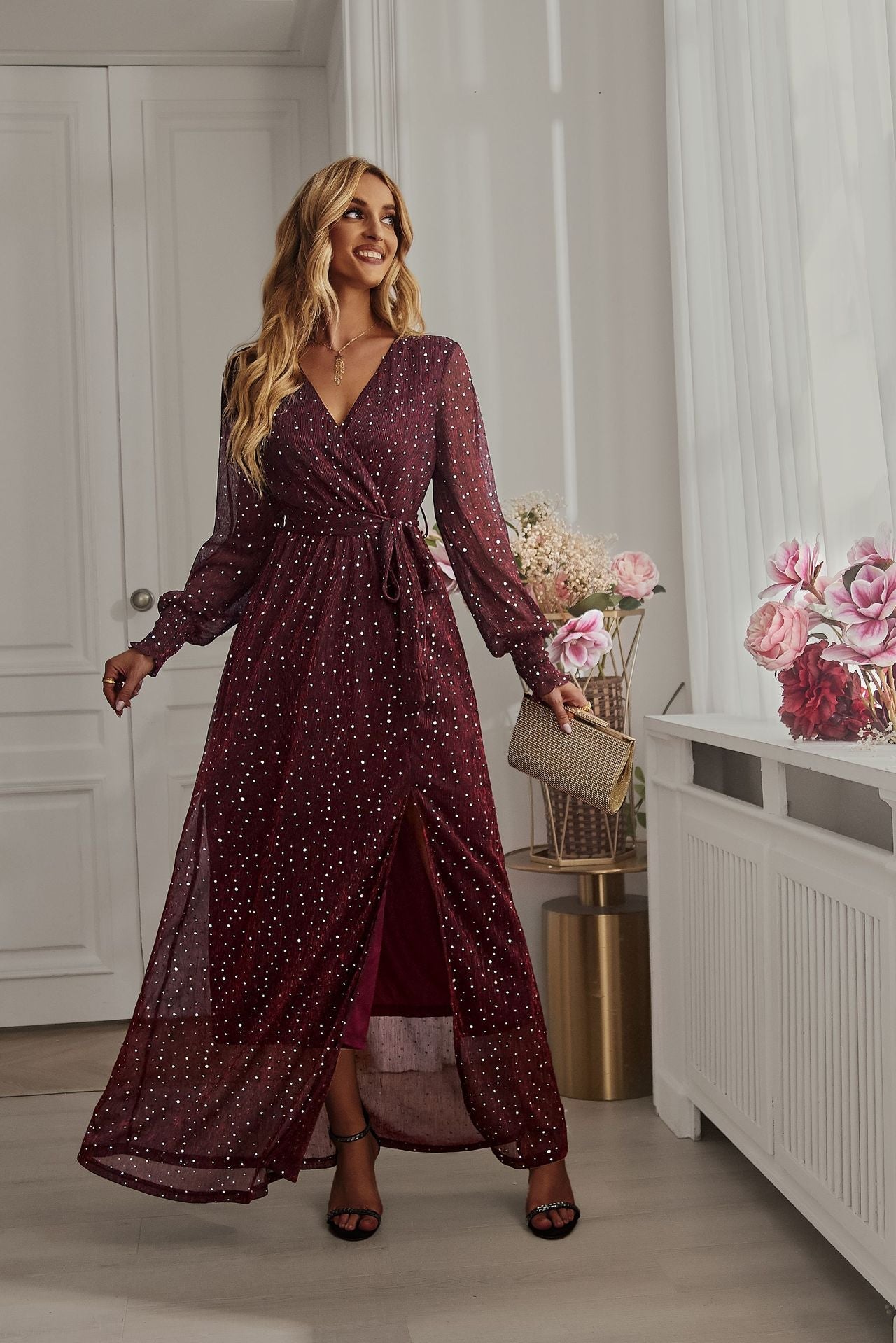 Silky Diamond Lantern Sleeve Maxi Dress