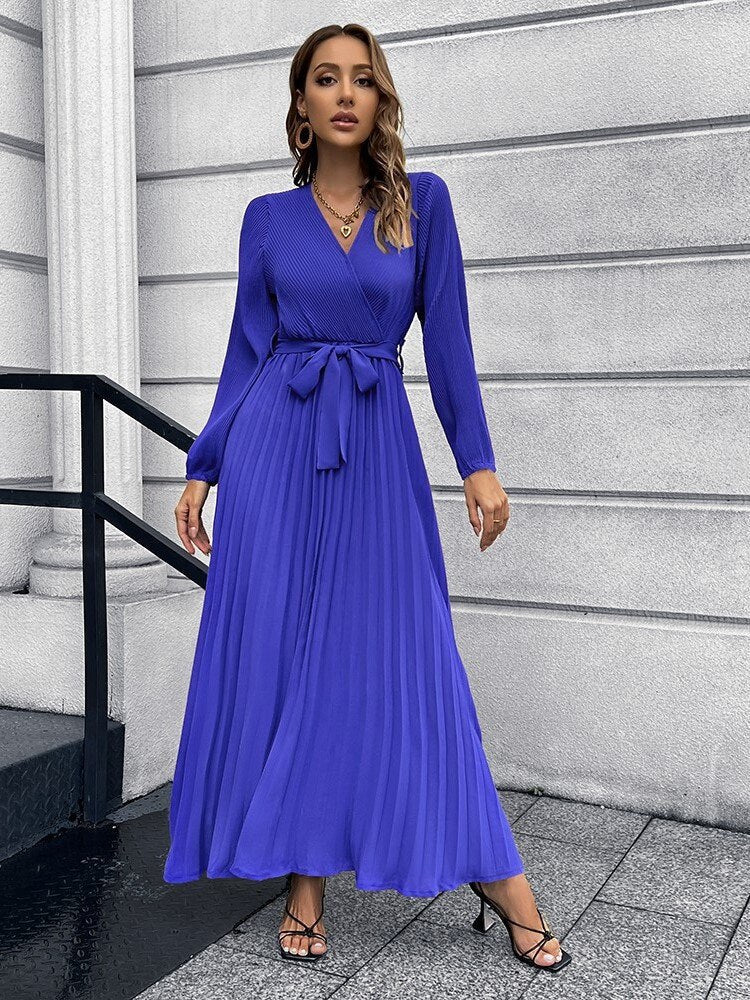 Pleated Long Sleeve V Neck Sash Maxi Dress