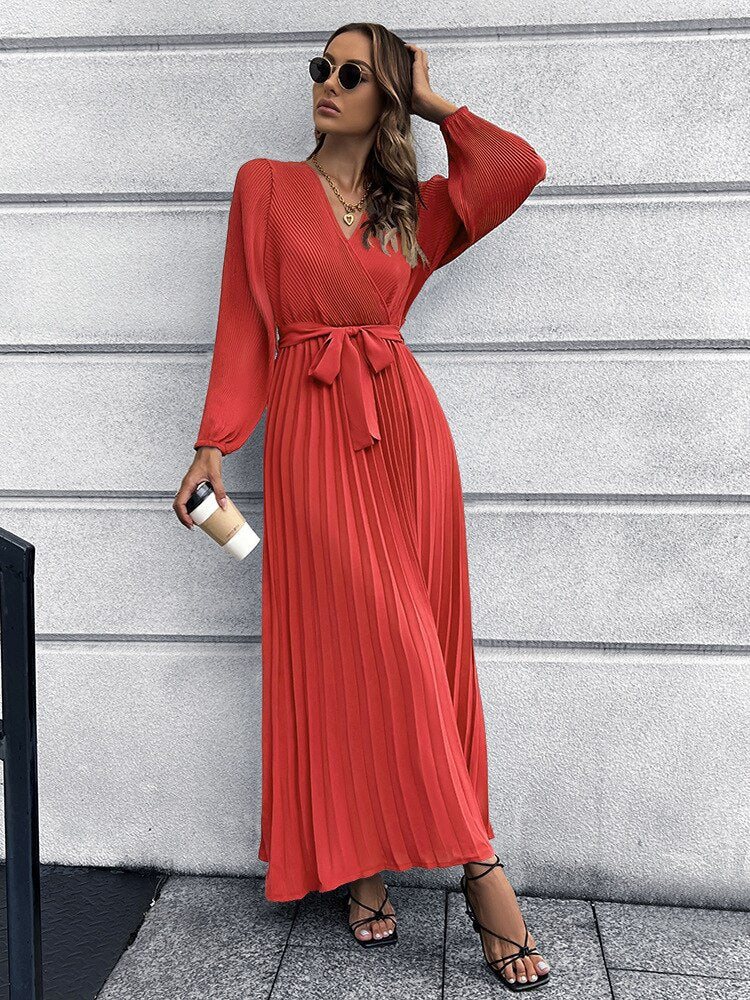 Pleated Long Sleeve V Neck Sash Maxi Dress