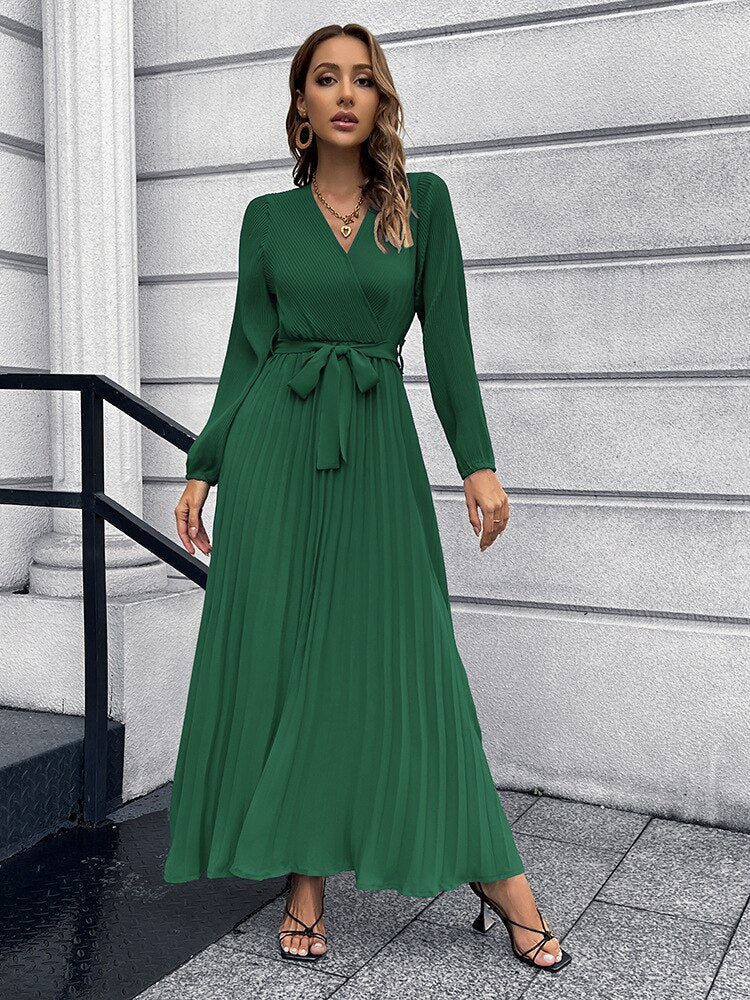 Pleated Long Sleeve V Neck Sash Maxi Dress