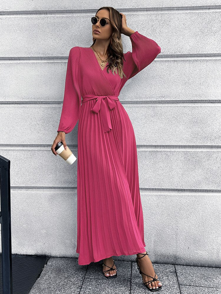 Pleated Long Sleeve V Neck Sash Maxi Dress