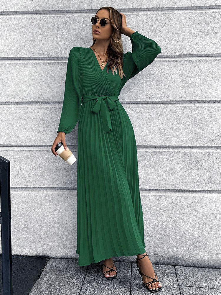 Pleated Long Sleeve V Neck Sash Maxi Dress