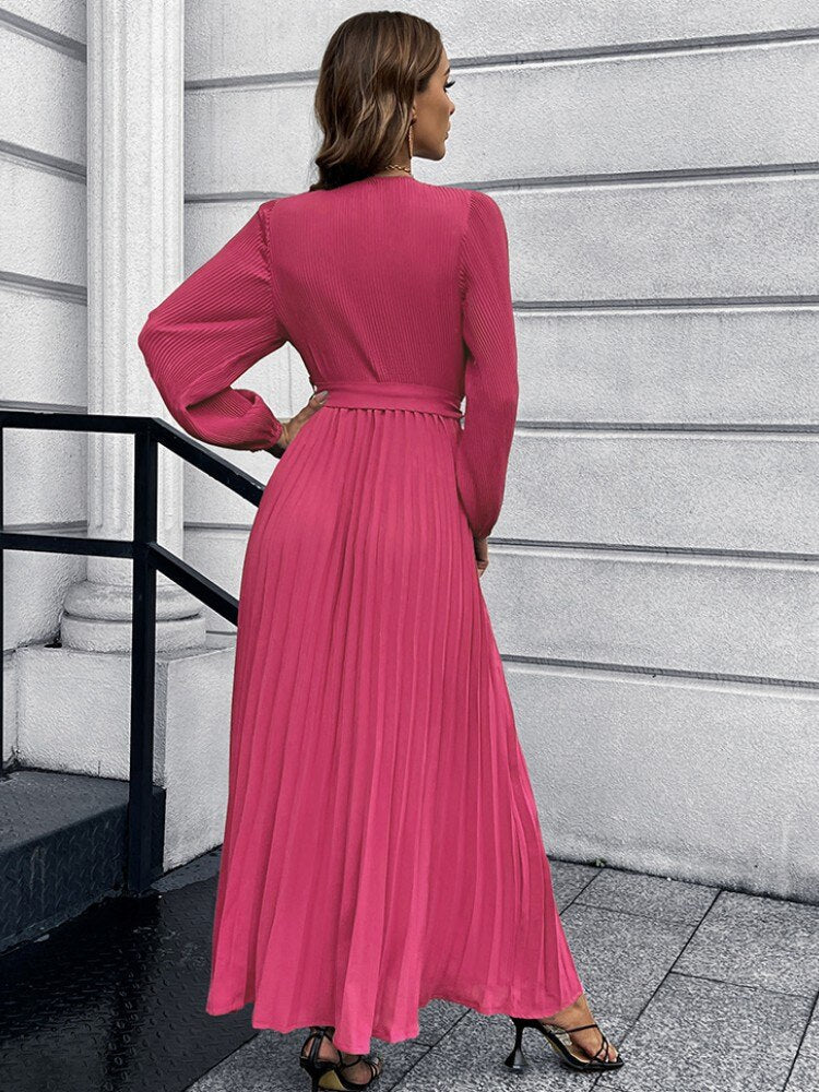 Pleated Long Sleeve V Neck Sash Maxi Dress