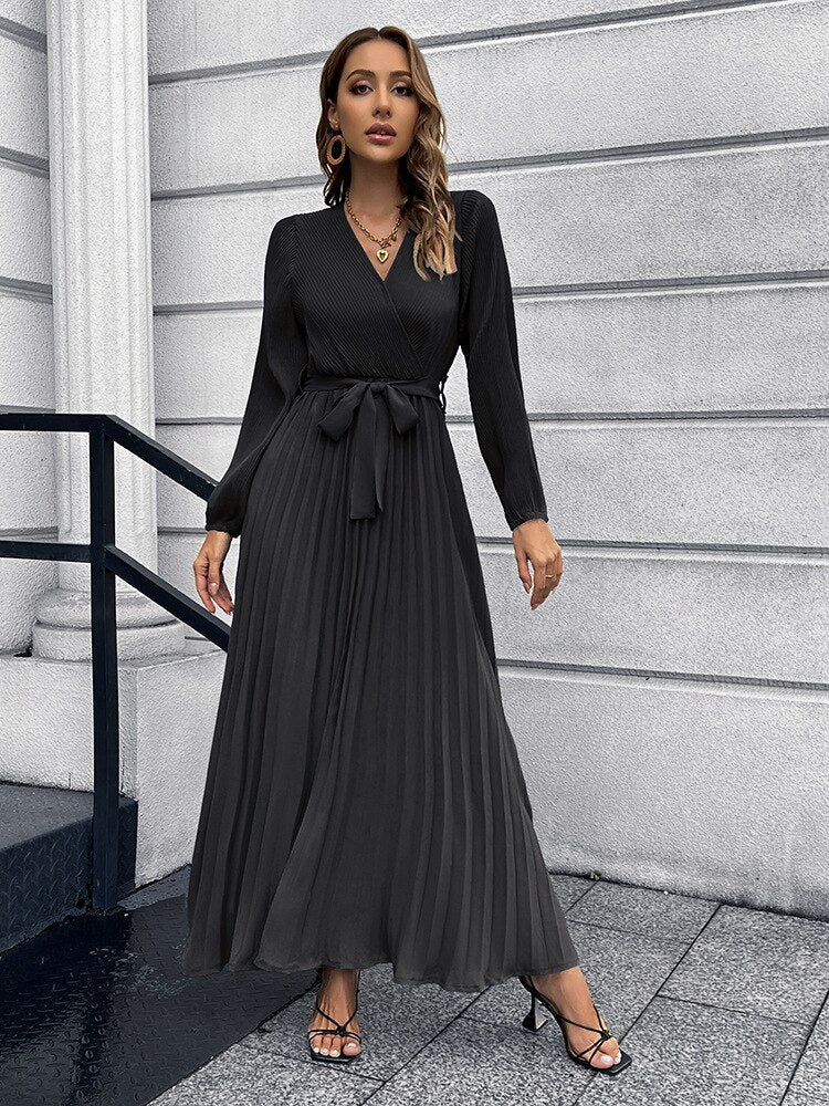 Pleated Long Sleeve V Neck Sash Maxi Dress