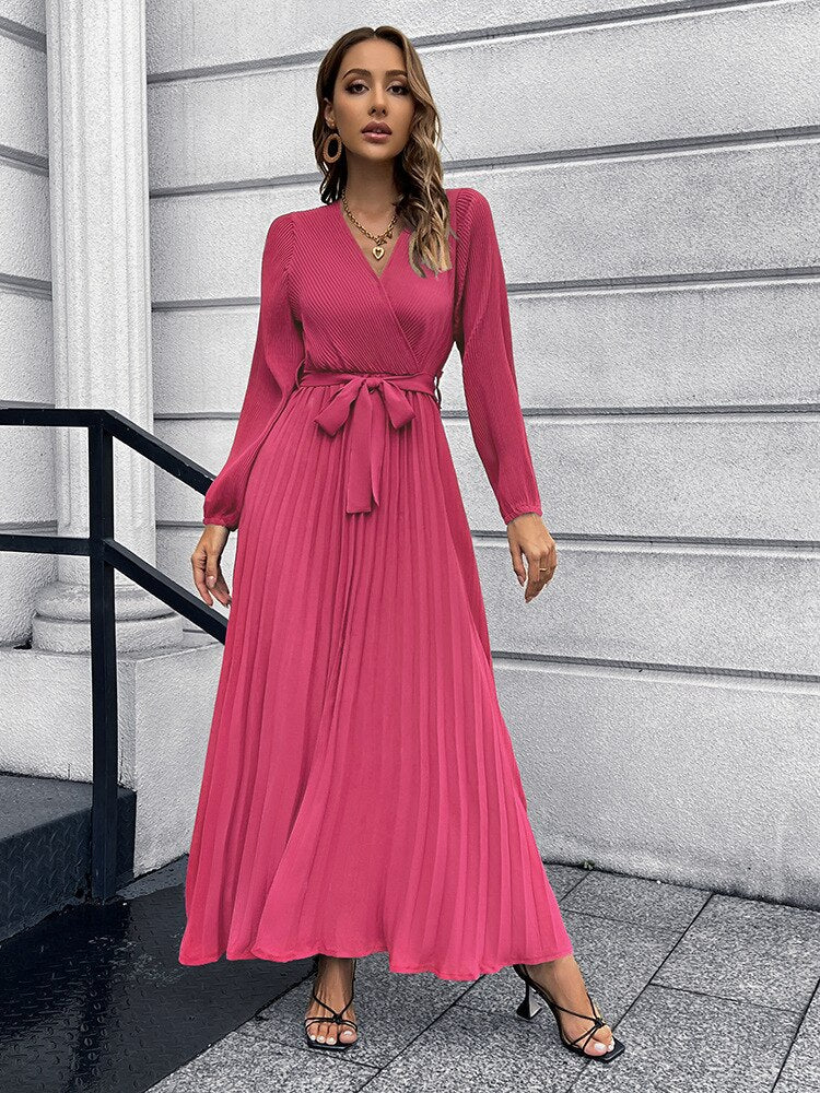 Pleated Long Sleeve V Neck Sash Maxi Dress
