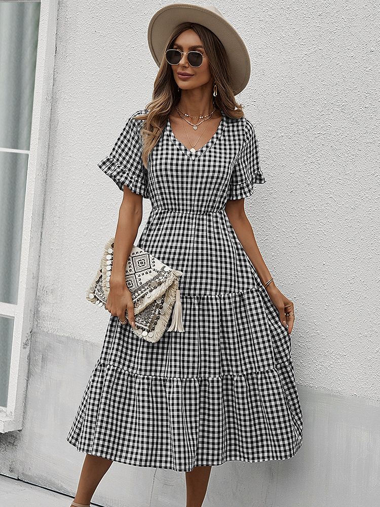 Plaid Ruffled High Waist Vintage Midi Dress