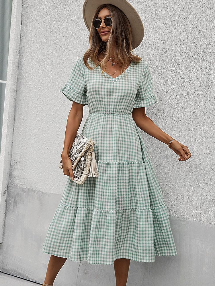 Plaid Ruffled High Waist Vintage Midi Dress