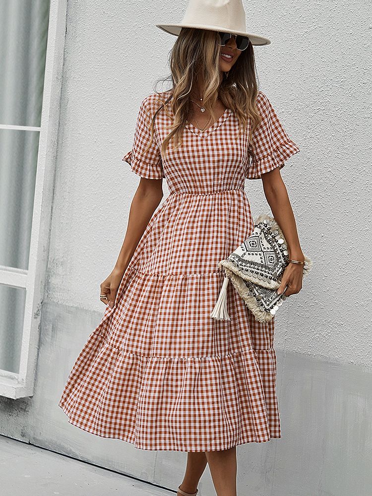 Plaid Ruffled High Waist Vintage Midi Dress