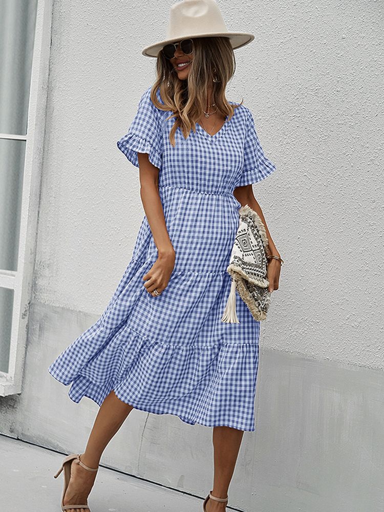 Plaid Ruffled High Waist Vintage Midi Dress