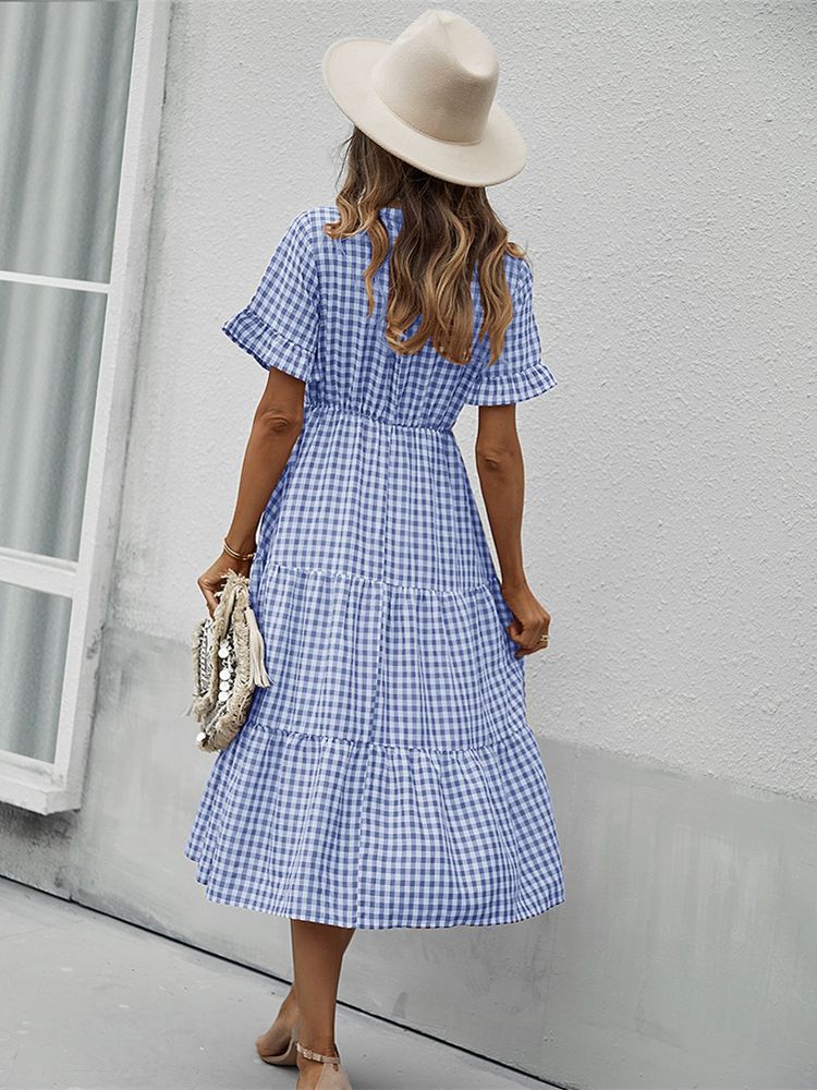 Plaid Ruffled High Waist Vintage Midi Dress