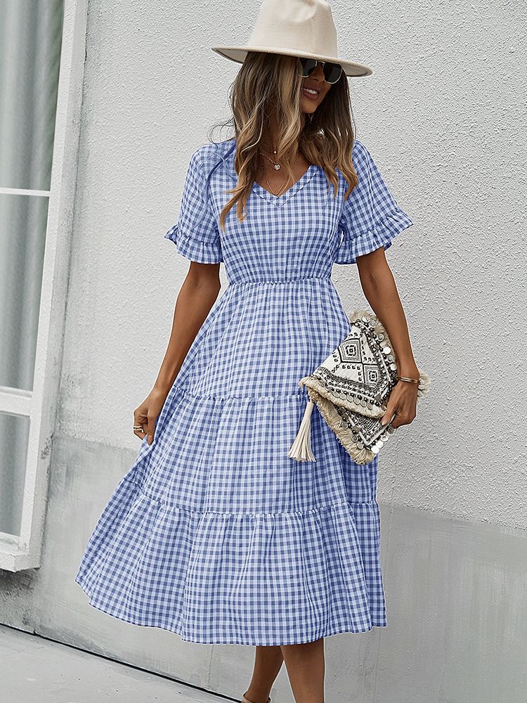 Plaid Ruffled High Waist Vintage Midi Dress
