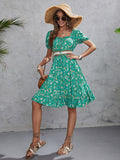 Floral Print Elastic Waist Boho Mini Dress