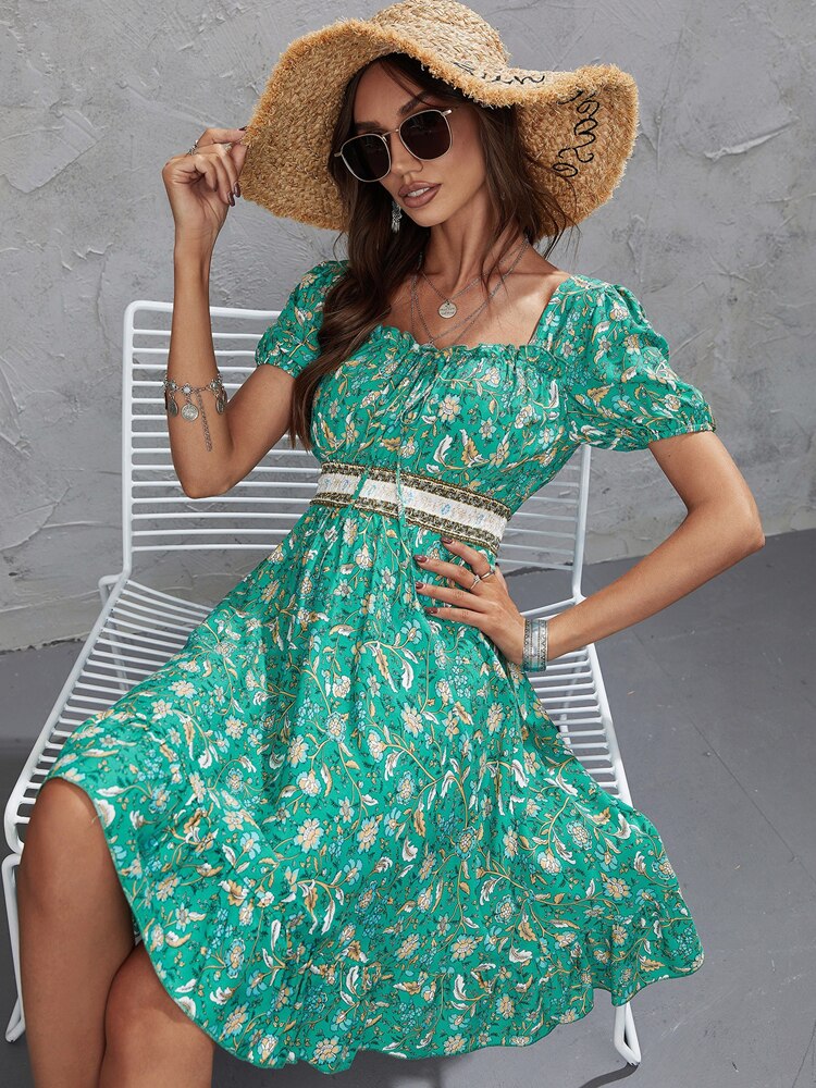 Floral Print Elastic Waist Boho Mini Dress