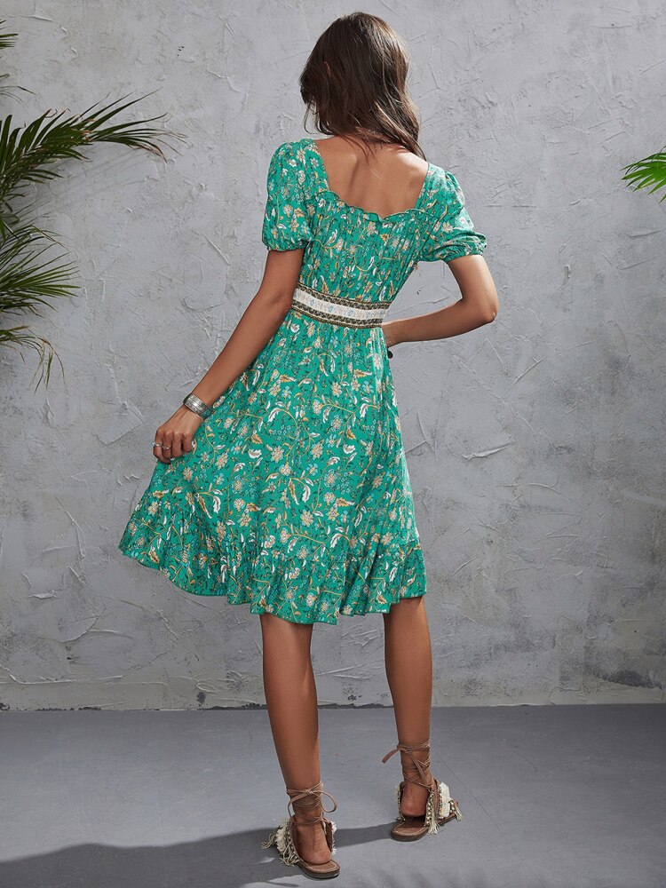Floral Print Elastic Waist Boho Mini Dress