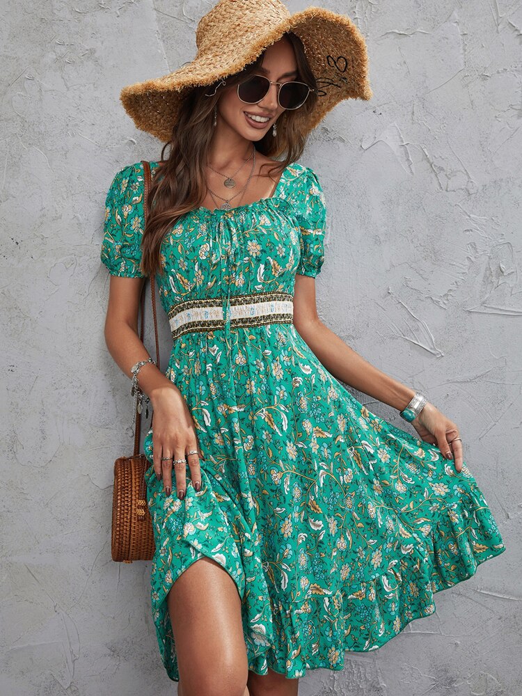 Floral Print Elastic Waist Boho Mini Dress