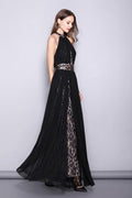 Halter Sleeveless Embroidered Lace Open Back Long Party Dress