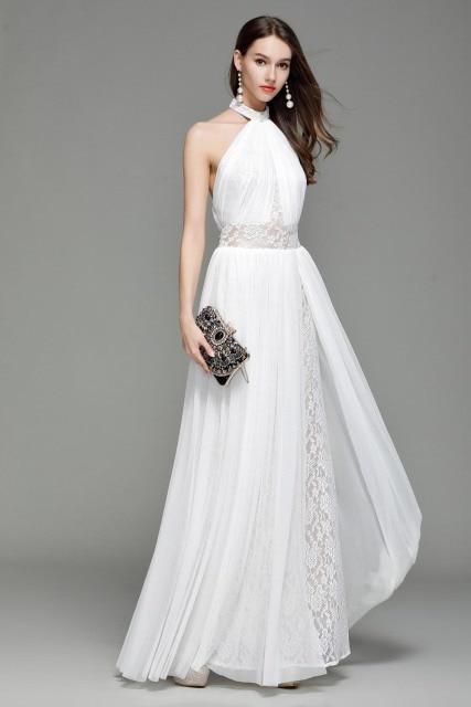 Halter Sleeveless Embroidered Lace Open Back Long Party Dress