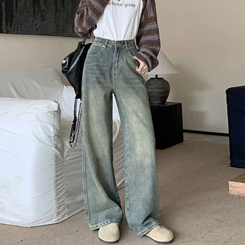 Nostalgic High Waist Wide Leg Straight Jean