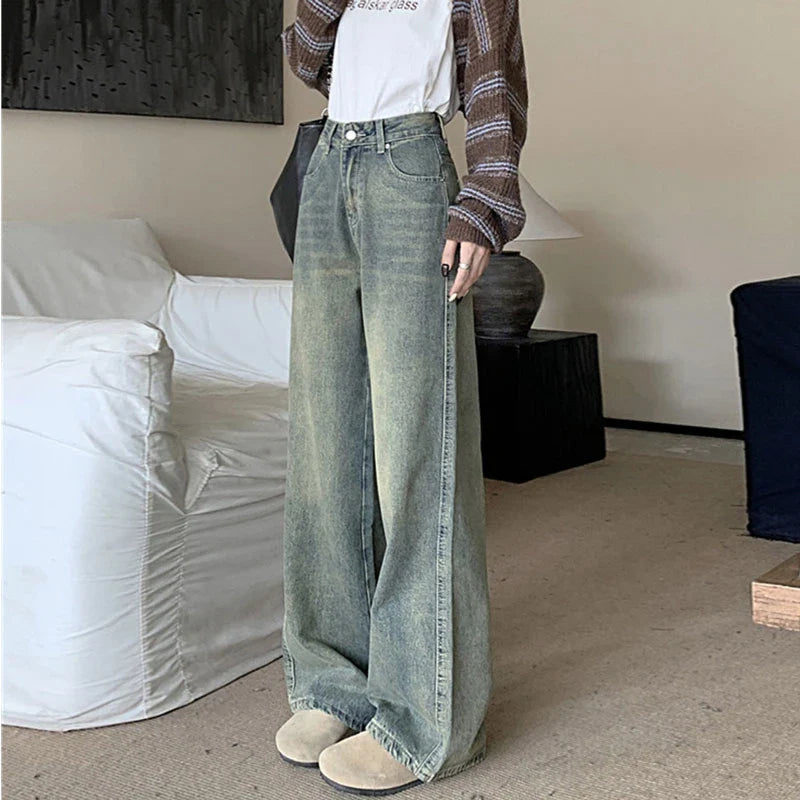 Nostalgic High Waist Wide Leg Straight Jean