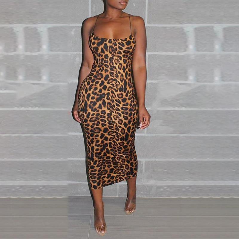 Leopard Chiffon Sleeveless Summer Midi Dress