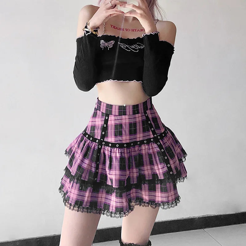 Purple Pink Plaid Lolita Pleated Mini Dress