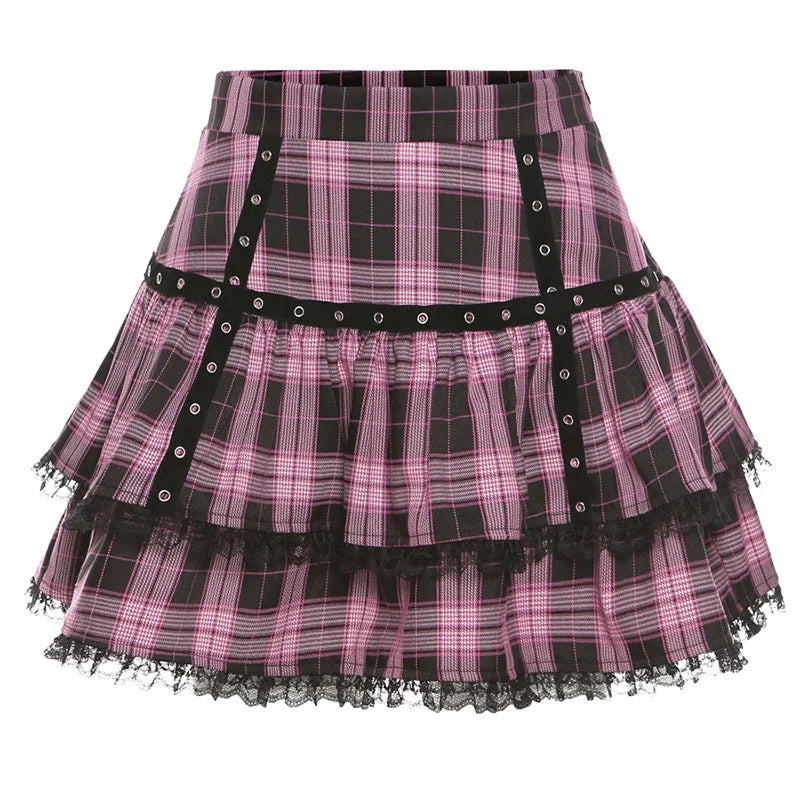 Lolita Purple Pink Plaid Pleated Gothic Skirt