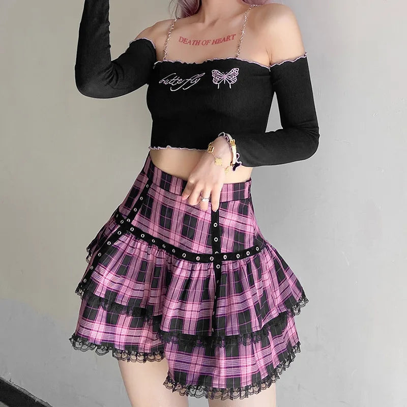 Purple Pink Plaid Lolita Pleated Mini Dress