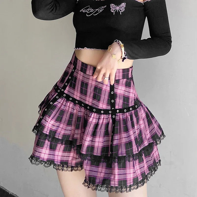 Purple Pink Plaid Lolita Pleated Mini Dress