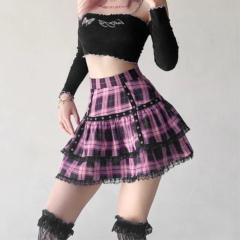 Lolita Purple Pink Plaid Pleated Gothic Skirt