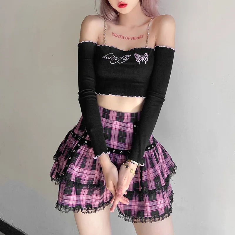 Lolita Purple Pink Plaid Pleated Gothic Skirt