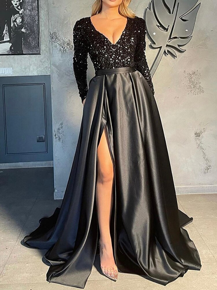 Black Sequin Patchwork Prom Maxi Dress