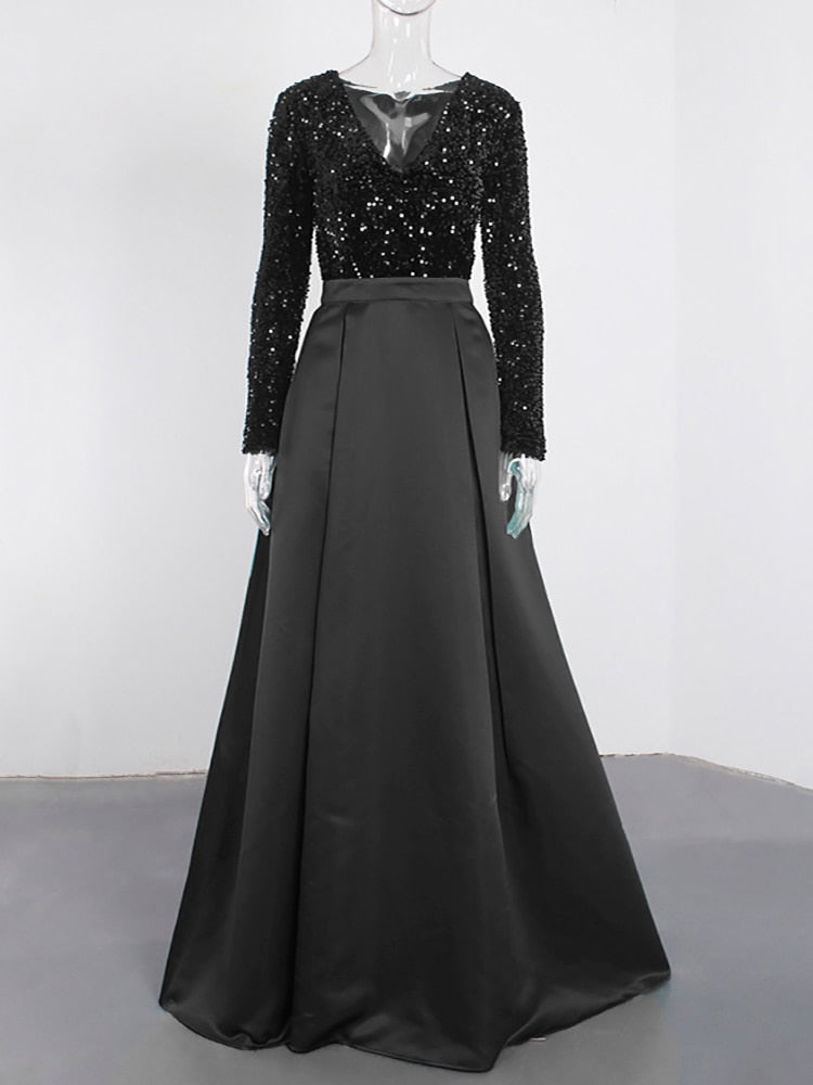 Black Sequin Patchwork Prom Maxi Dress