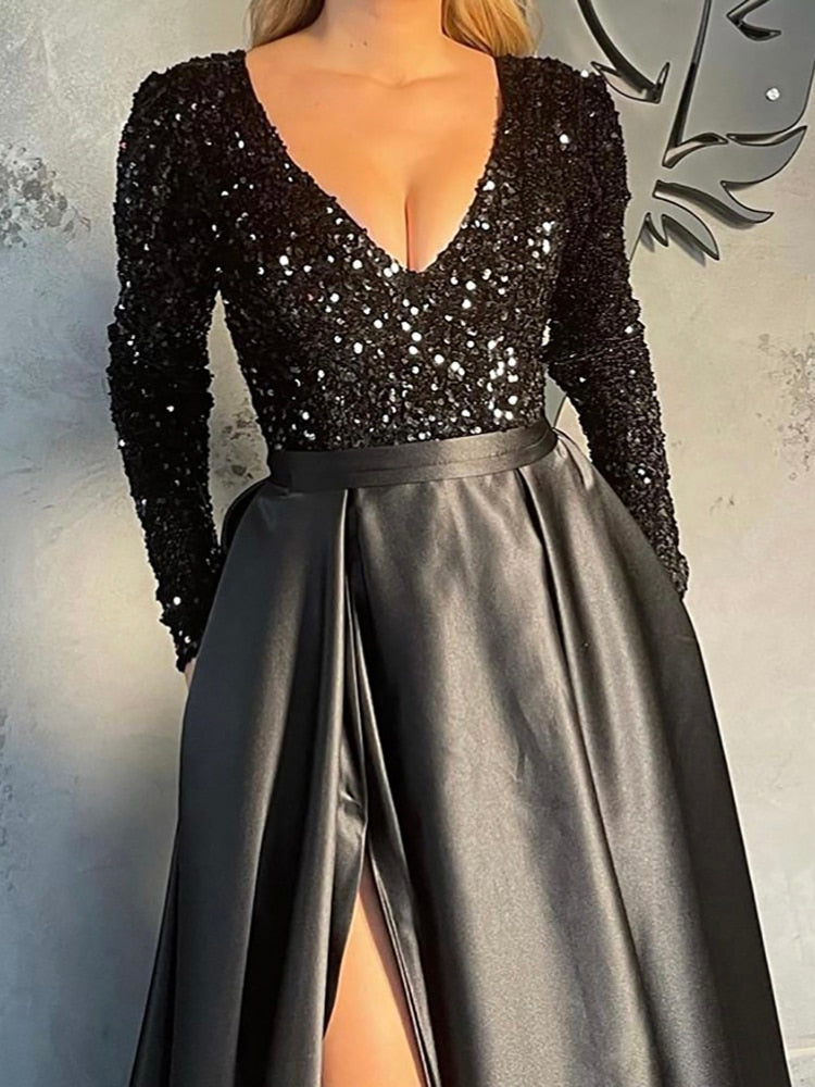 Black Sequin Patchwork Prom Maxi Dress