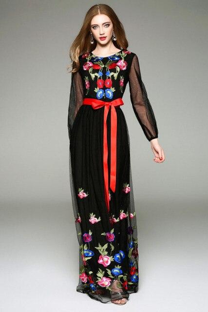Floral Embroidered Belted Long Maxi Dress