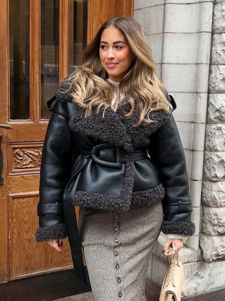 Patch Thick Warm Leather Coat