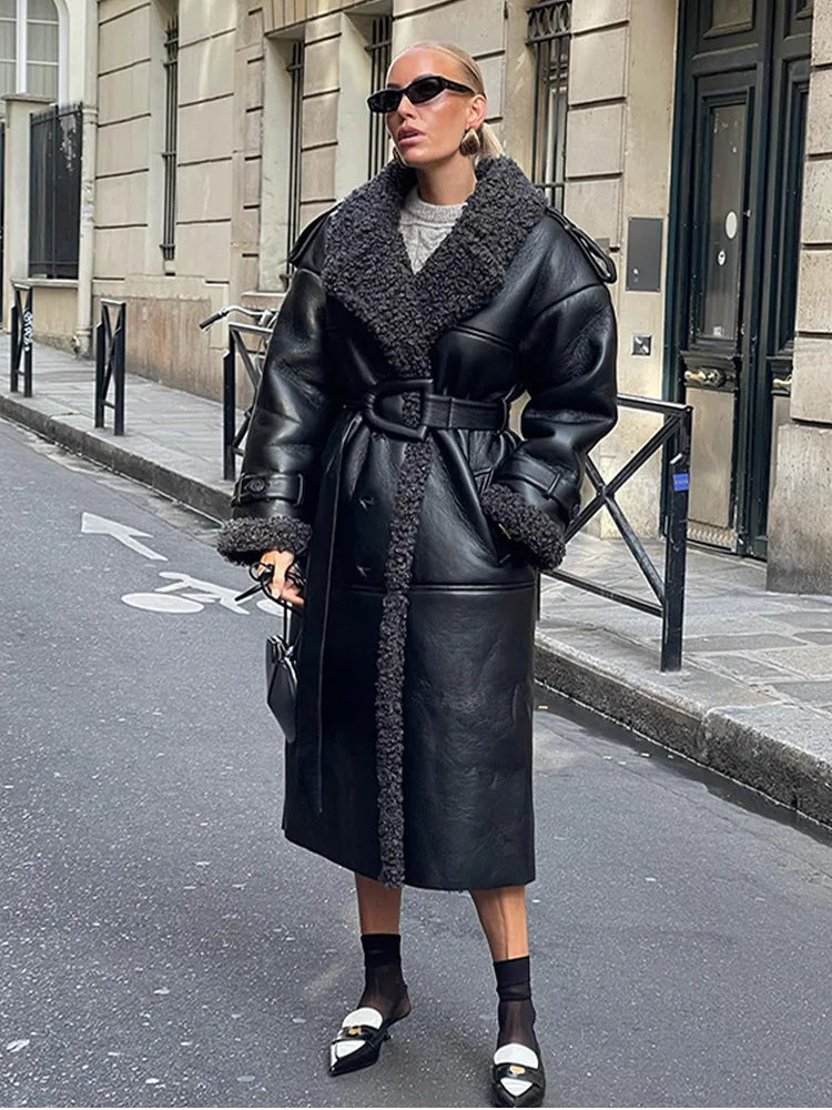 Patch Thick Warm Leather Coat
