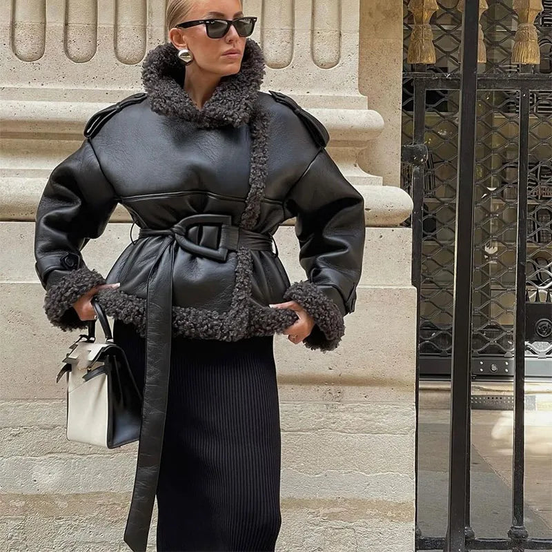 Patch Thick Warm Leather Coat