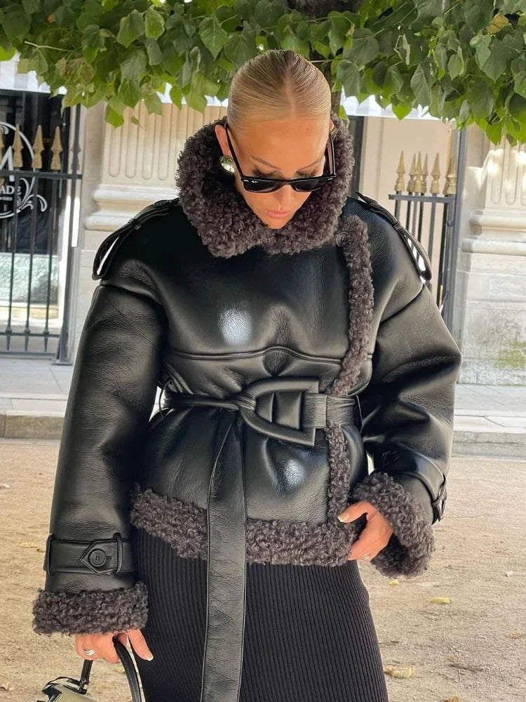 Patch Thick Warm Leather Coat