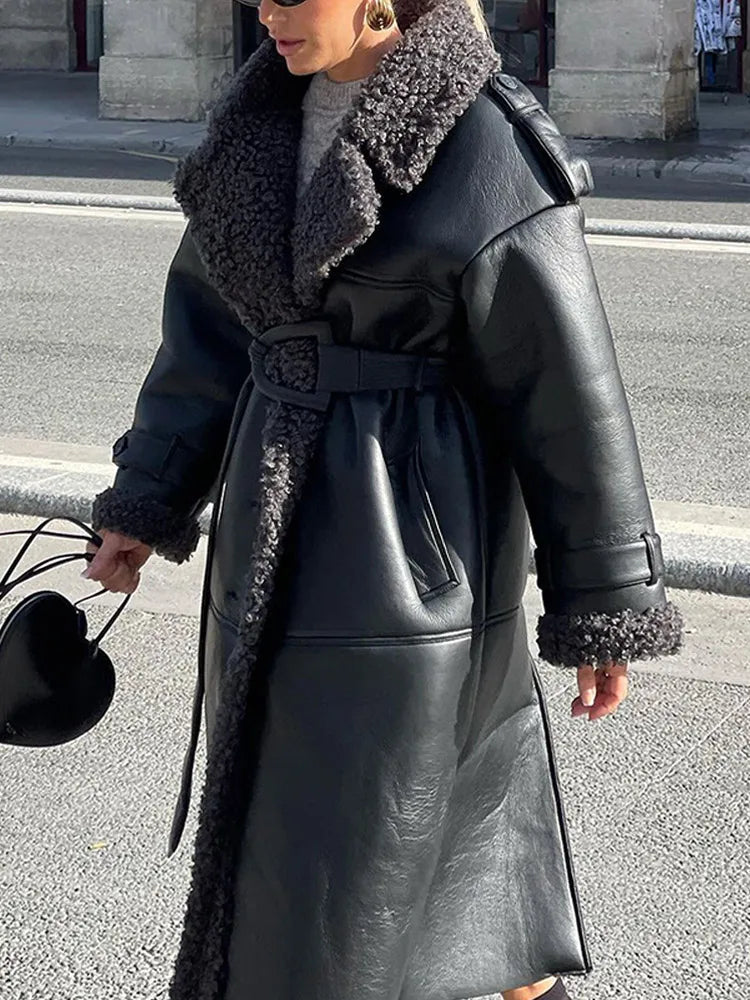 Patch Thick Warm Leather Coat