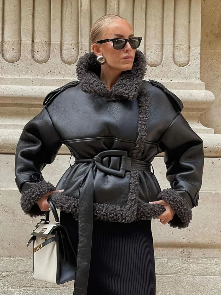 Patch Thick Warm Leather Coat