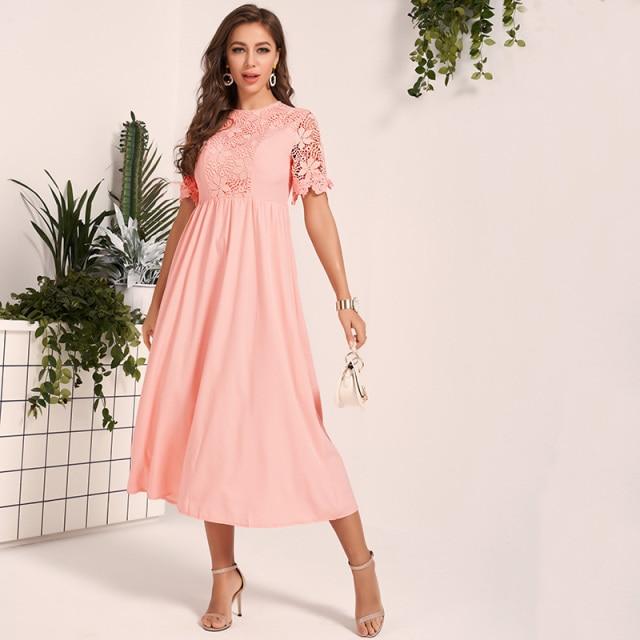 Pink Lace Hollow Fit Flare Party Midi Dress