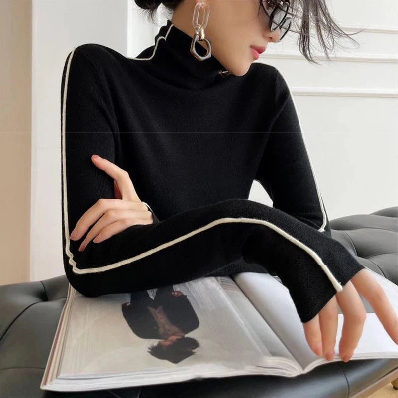 Turtleneck Striped Refined Knit Sweater