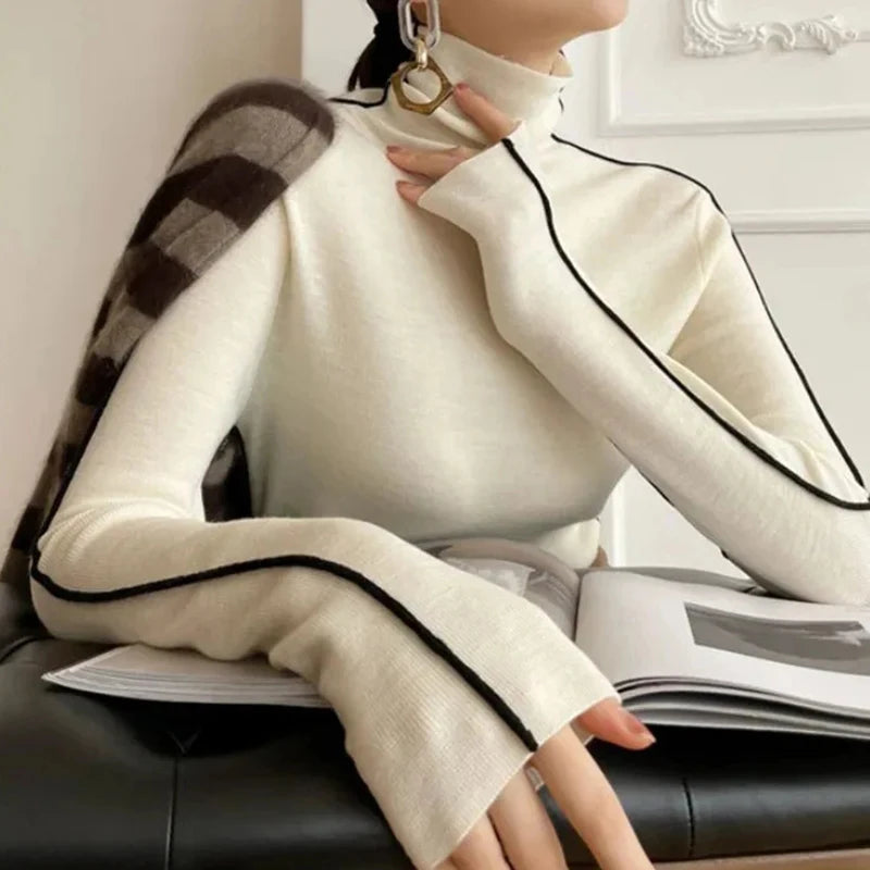 Turtleneck Striped Refined Knit Sweater