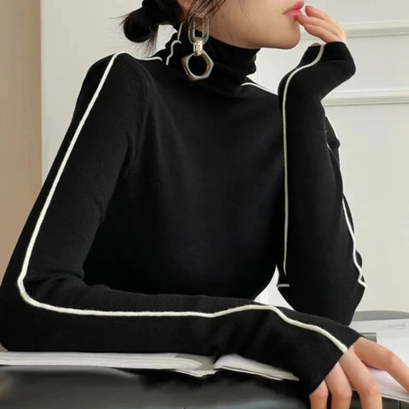 Turtleneck Striped Refined Knit Sweater