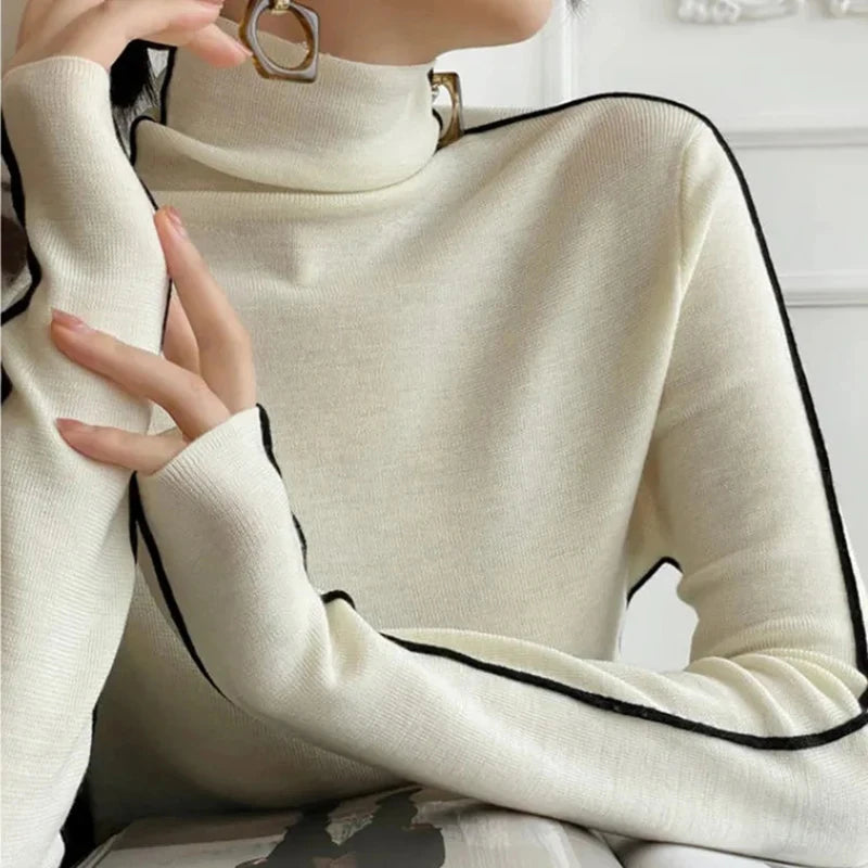 Turtleneck Striped Refined Knit Sweater