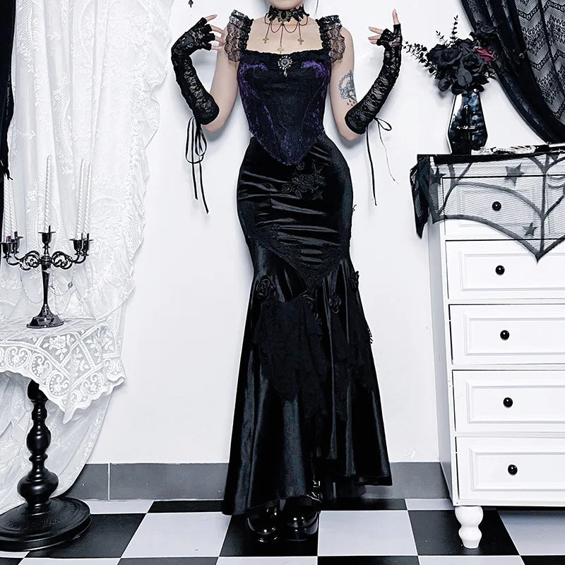 Velvet Fishtail Jacquard Hip Wrap Victorian Skirt