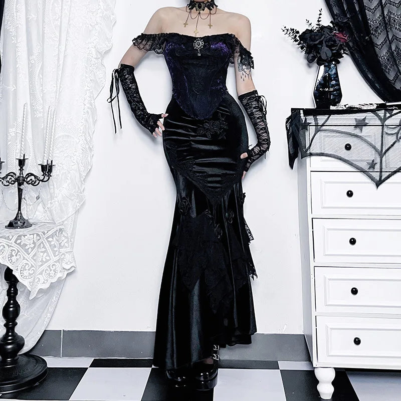 Velvet Fishtail Jacquard Hip Wrap Victorian Skirt