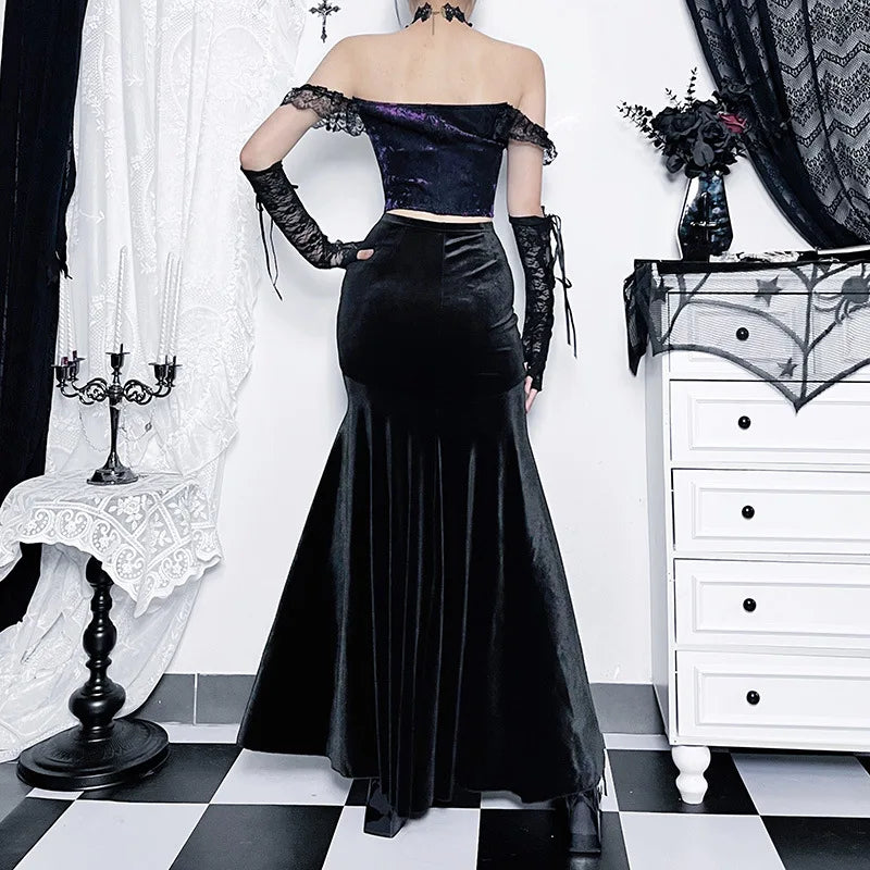 Velvet Fishtail Jacquard Hip Wrap Victorian Skirt
