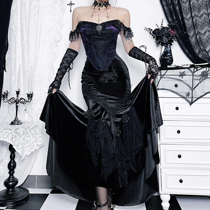 Velvet Fishtail Jacquard Hip Wrap Victorian Skirt