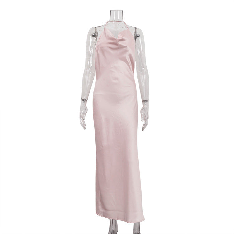 Matte Satin Halter Evening Maxi Dress